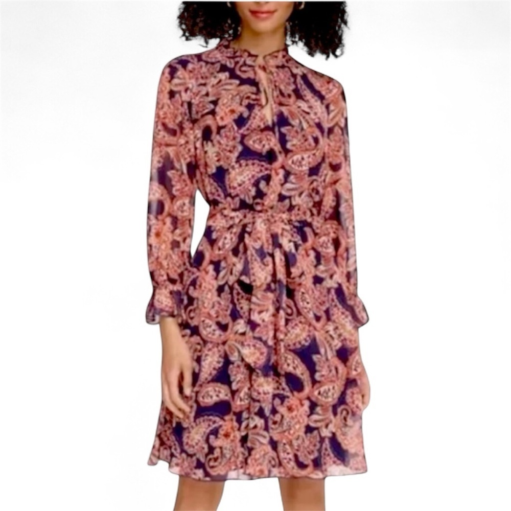 Vince Camuto Chiffon Paisley Printed Ruffle Neck knee Length Dress LS Red Navy 2